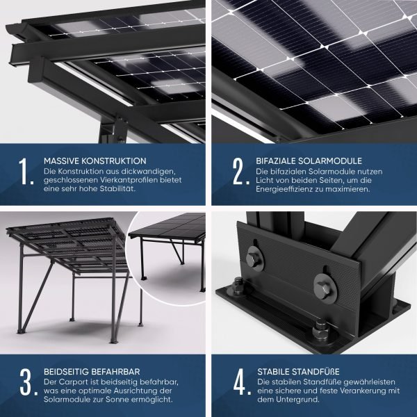 VESKA Solar-Carport EcoPort 5000Bi – 5,25 kWp Bifaziale Glas/Glas-Module, N-Type TOPCon, Aluminium-Carport