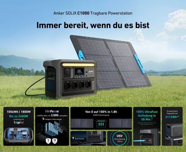 Anker SOLIX C1000 Tragbare Powerstation – 1.056 Wh, 1.800 W (Spitze 2.400 W)
