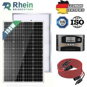 RHEIN BELEUCHTUNG Solarmodul-Set 150 W 12 V (mit Half-Cut-Technologie, 40 A PWM-Regler & 3 m MC4-Kabel)
