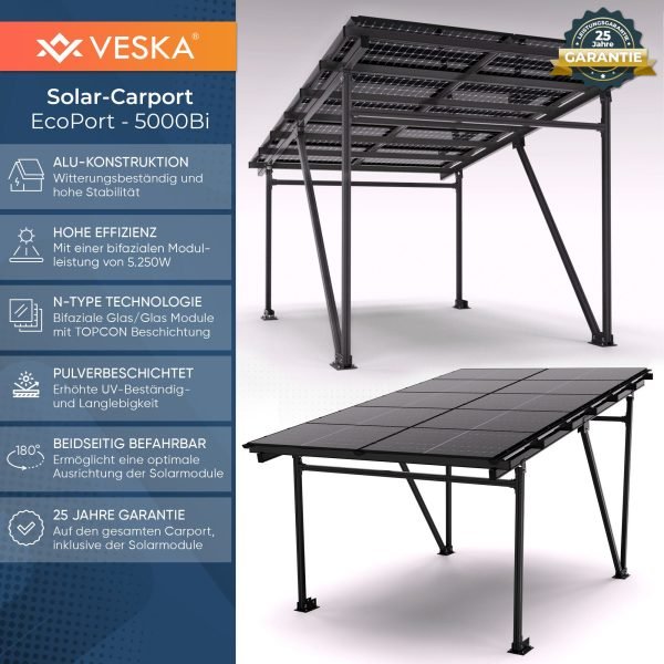 VESKA Solar-Carport EcoPort 5000Bi – 5,25 kWp Bifaziale Glas/Glas-Module, N-Type TOPCon, Aluminium-Carport