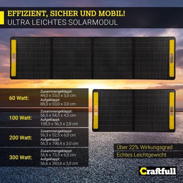 Adventure faltbares Solarpanel 60-300 W – Mobile Solartasche, Mono-Schindelzellen, ≥ 22 % Wirkungsgrad