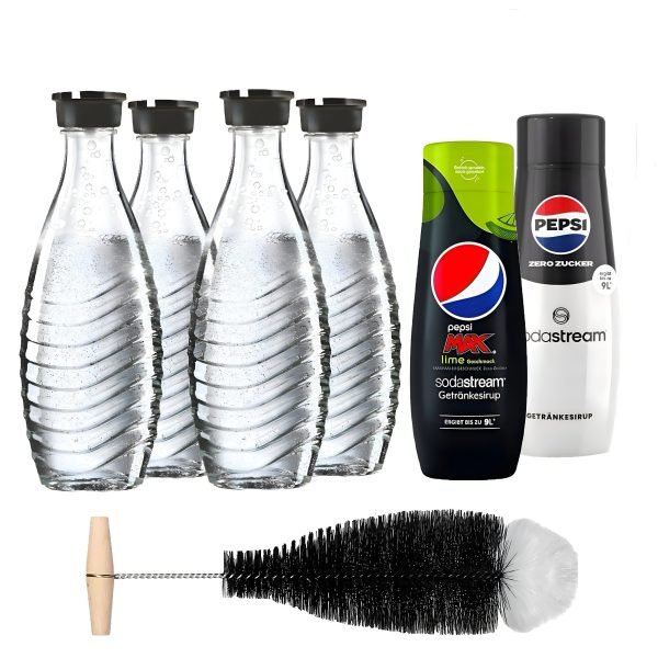 Wassersprudler Glaskaraffe 4er-Set, 2 Pepsi Sirup, Flaschenbürste, Crystal, Penguin